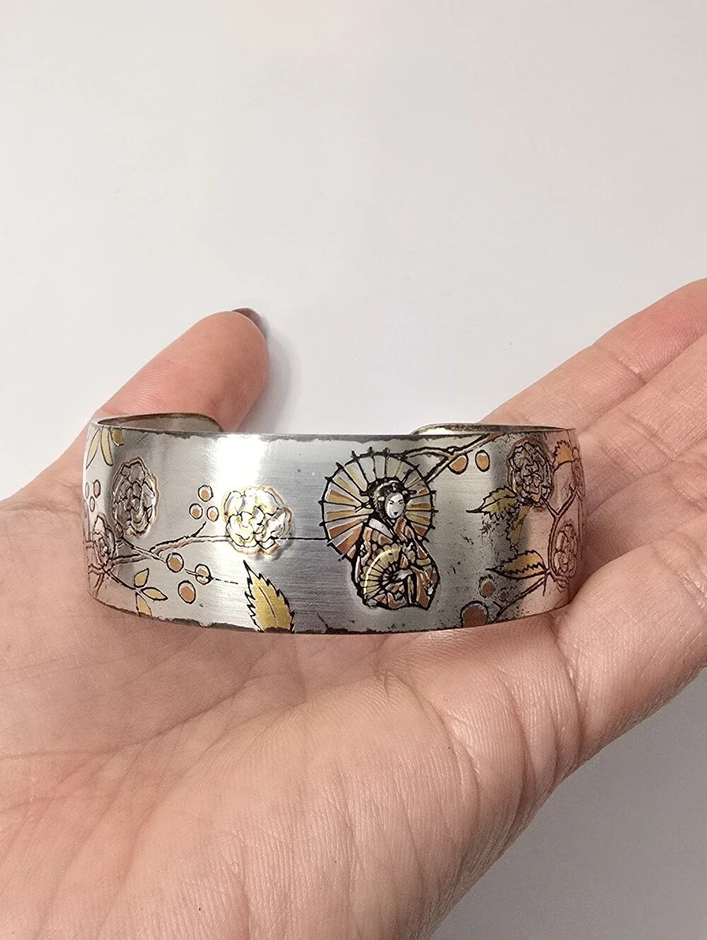 Reed & Barton Silver-Tone Daniascene Engraved Cuff Bracelet with Gold Trim